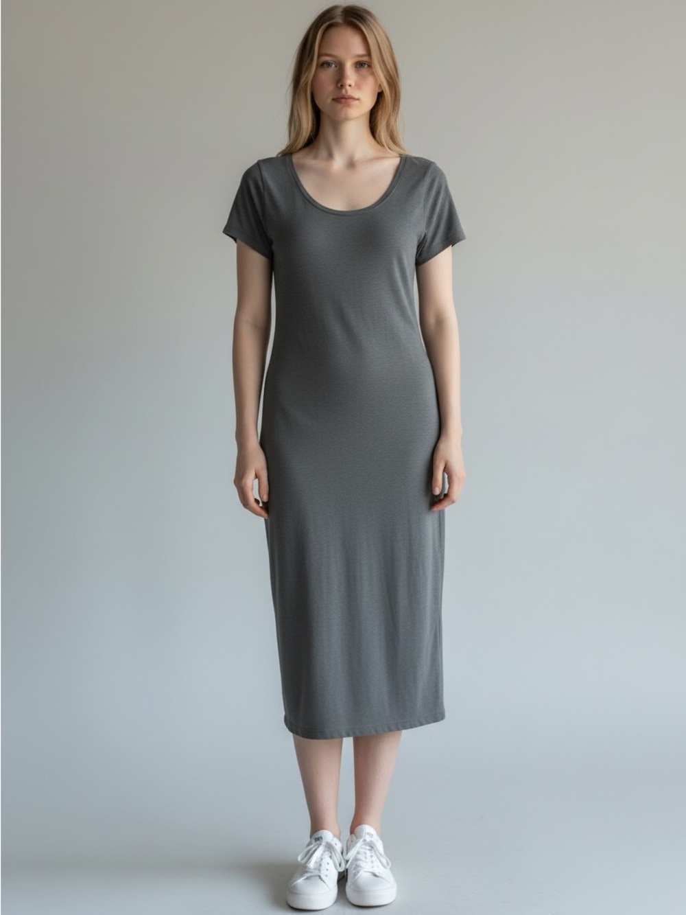 Athleta Gray Scoop-Neck Short Sleeve Midi Dress Size S